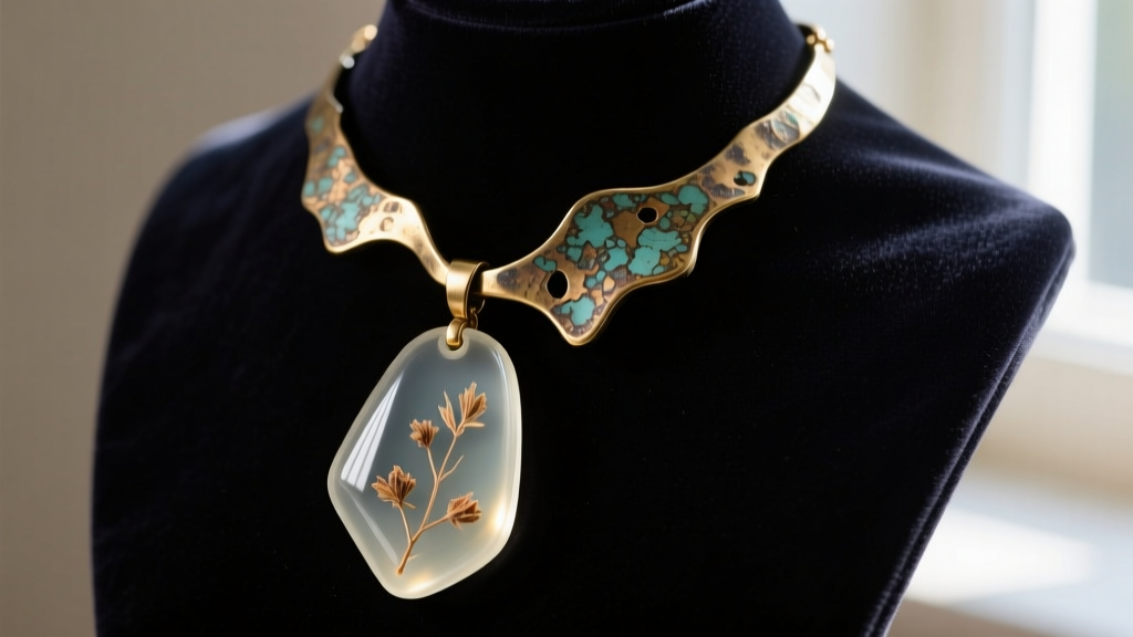 Close-up of an asymmetrical odd necklace featuring raw oxidized brass hardware and a bio-resin pendant on a dark velvet bust
