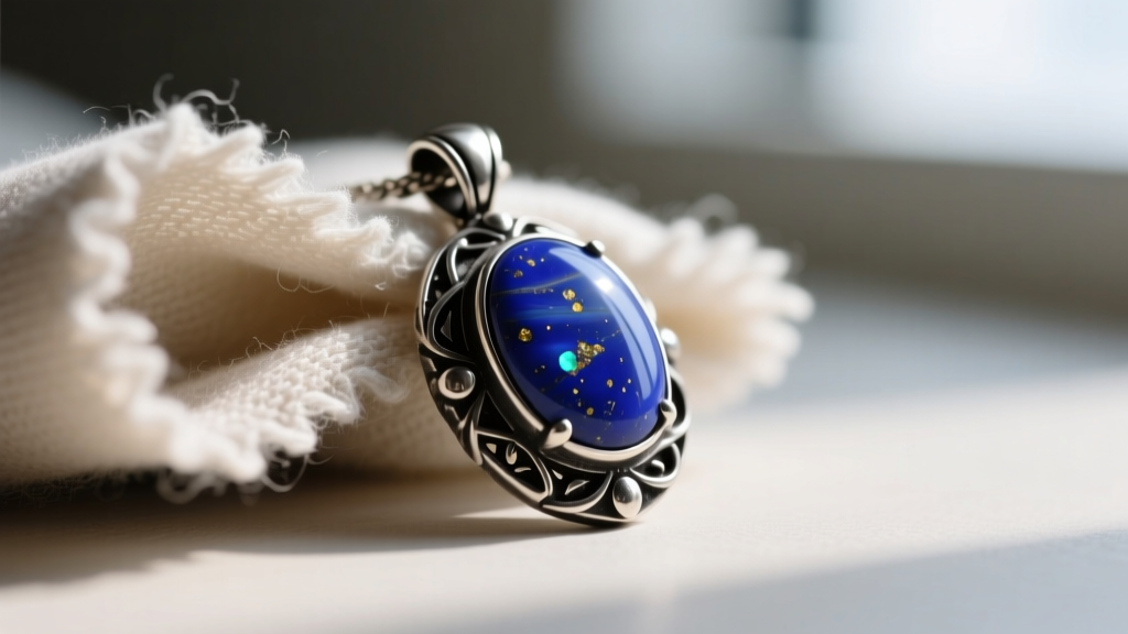Macro shot of a soft microfiber cloth gently polishing a vintage-inspired Lori Bonn lapis lazuli and oxidized silver pendant.