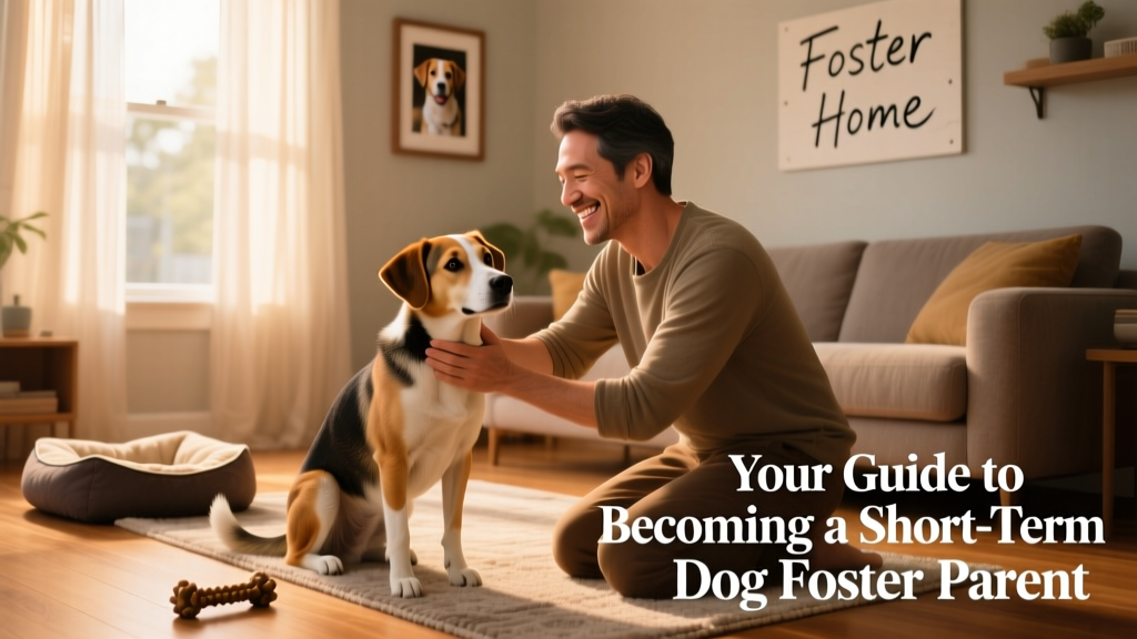 A smiling person gently petting a calm, medium-sized dog in a sunlit living room