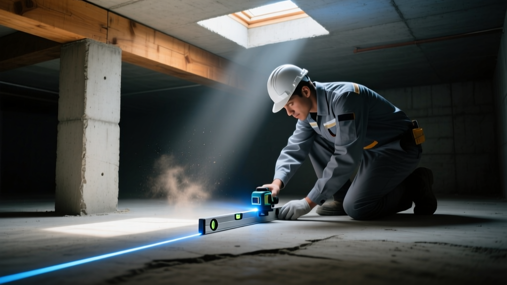 Engineer using a laser level to measure floor slope in a dimly lit crawl space with concrete piers and treated wooden beams