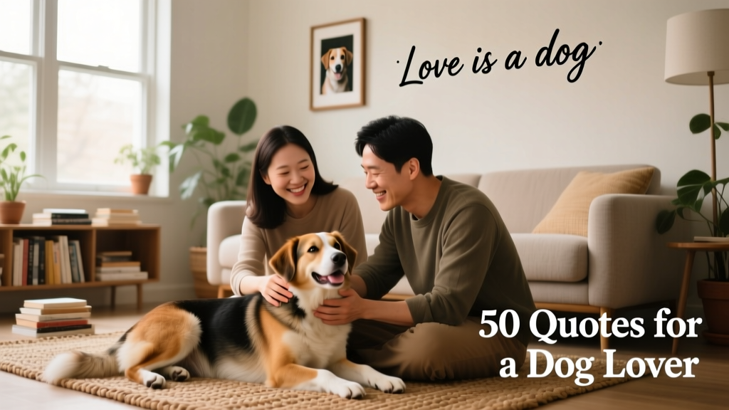 Two pet parents gently petting their happy, relaxed dog at home