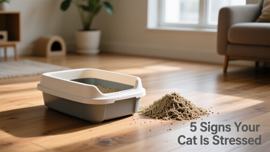 A clean, uncovered litter box beside a small, tidy pile of litter on the floor nearby—showing contrast between appropriate and inappropriate elimination