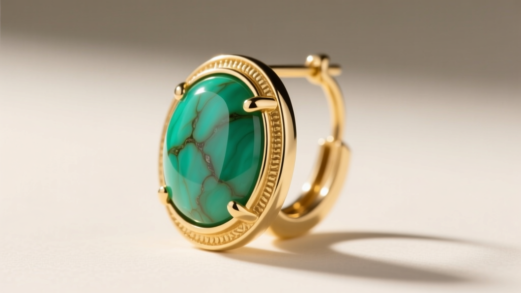 Side profile of a 16-gauge 14k gold hook earring with a large green chrysocolla cabochon secured in a thick bezel setting