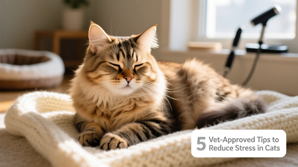 Close-up of a calm, relaxed cat resting on a soft blanket, showing healthy coat and relaxed posture