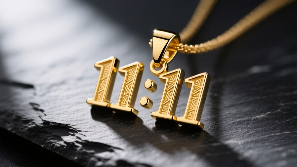 Macro shot of a polished 14k yellow gold 11:11 pendant on dark slate, highlighting crisp edges and a mirror-like finish.
