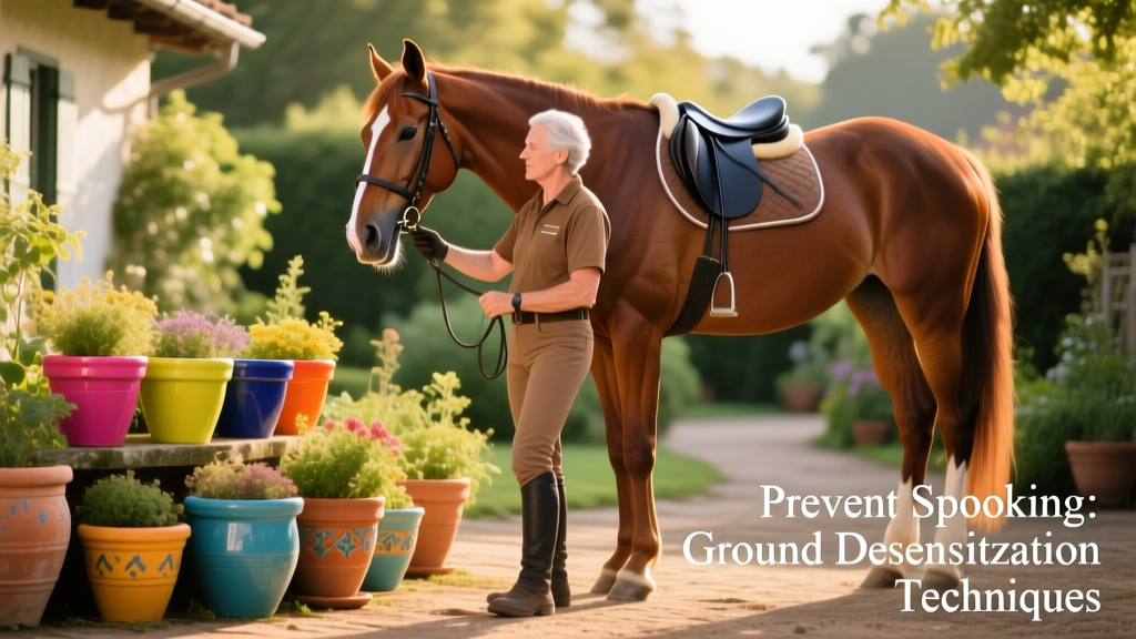 A trainer calmly guiding a horse past a brightly colored garden pot during a ground desensitization session