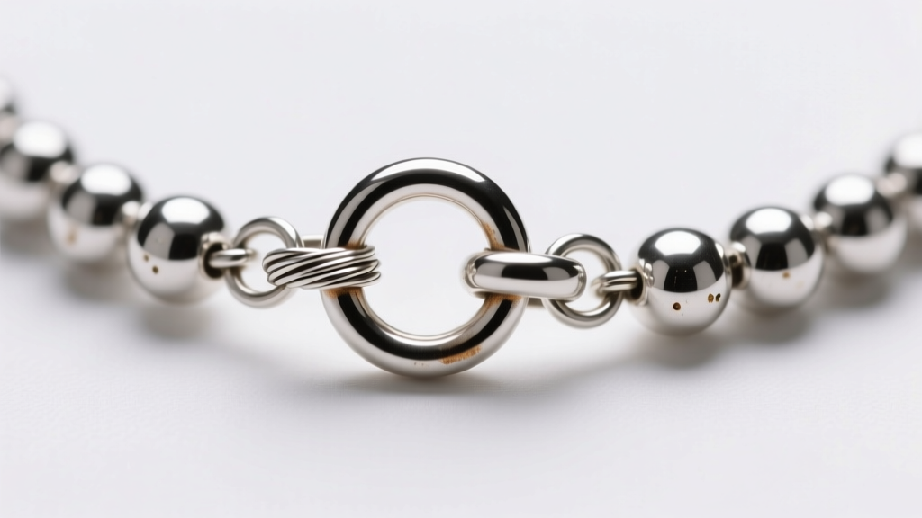 Macro shot of a sterling silver beaded necklace clasp showing a soldered jump ring and steel wire under bright studio lighting.
