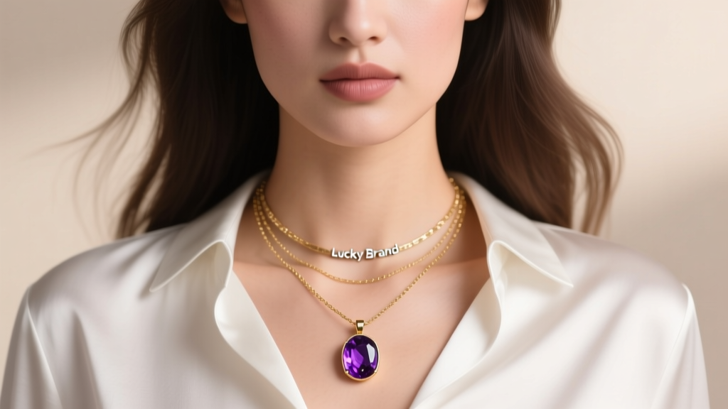 Close-up of a model wearing layered necklaces, highlighting a central Lucky Brand semi precious stone pendant over a white blouse
