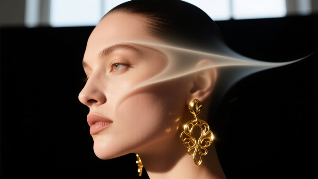 Studio close-up of a model wearing gold earrings with faces, highlighting surreal profiles against a moody dark backdrop