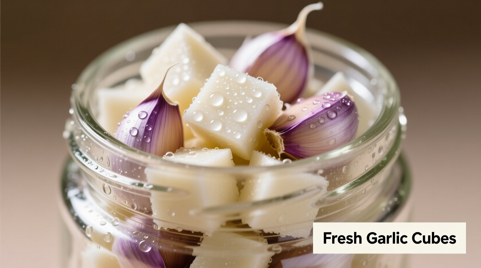Fresh diced garlic cubes in glass container