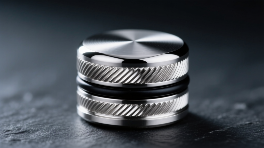 Macro view of a silver urn pendant cap showing machined metal threads and a thin black rubber O-ring seal on dark slate.