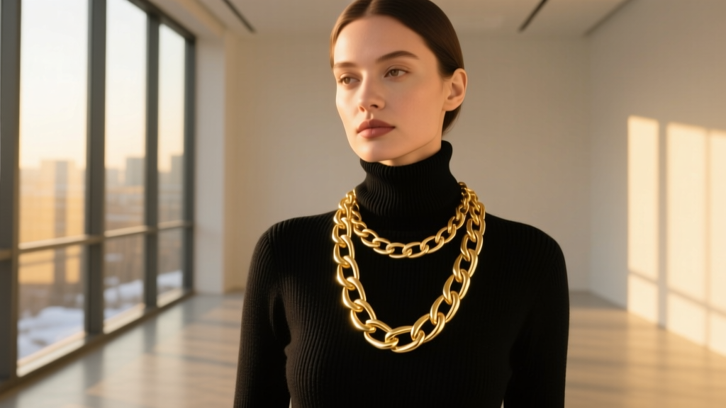 Woman wearing a thick gold curb chain over a black cashmere turtleneck, soft winter lighting, editorial style fashion photography