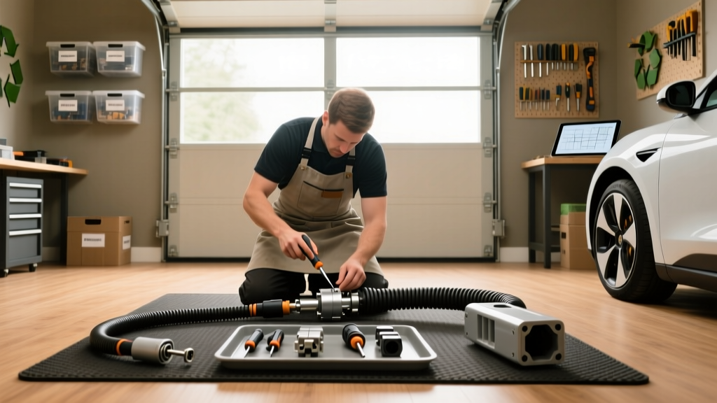 An organized, eco-friendly garage workspace showing a technician repairing a modular EV charging cable instead of discarding it.