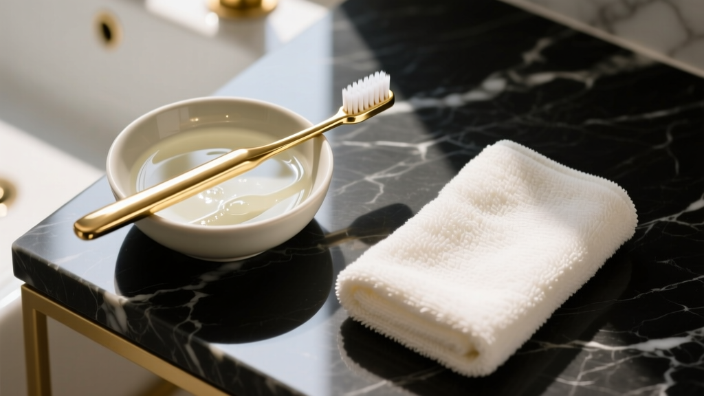 Top-down view of a gold cleaning station with a soft toothbrush, mild soap bowl, and microfiber cloth on a dark marble surface.