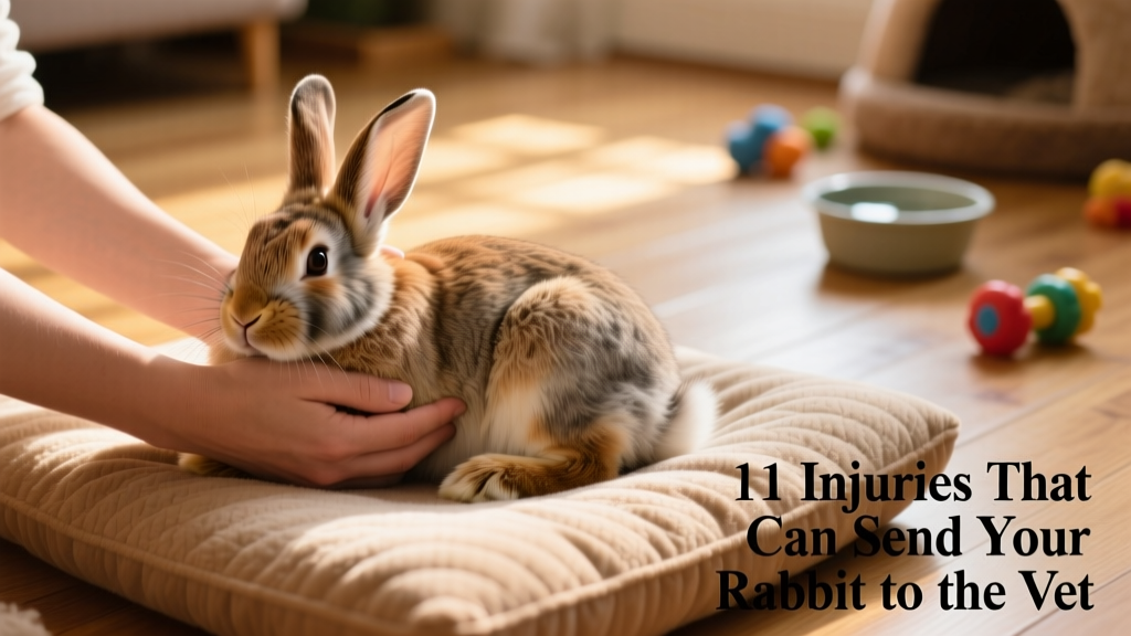 Rabbit safely held in two-handed support position: one hand under chest, one supporting hindquarters, on a padded surface