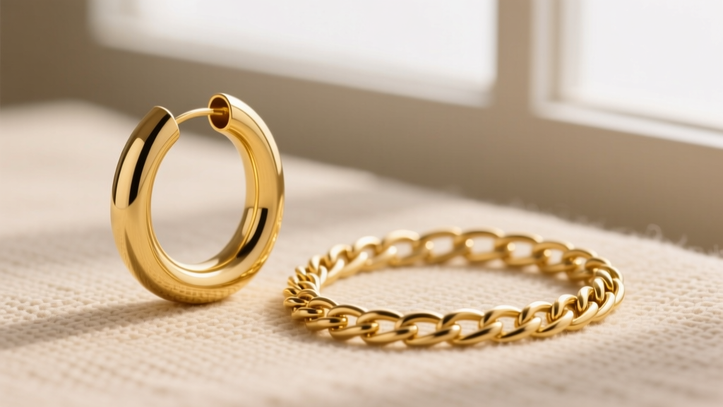Modern minimalist display featuring chunky 14k yellow gold tube hoops and herringbone chains against a soft beige backdrop.