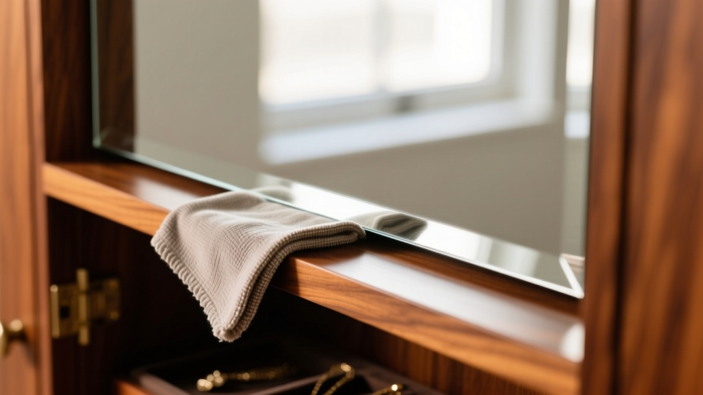 Microfiber cloth gently wiping a beveled mirror edge on a wooden jewelry cabinet, carefully avoiding the delicate silver backing.