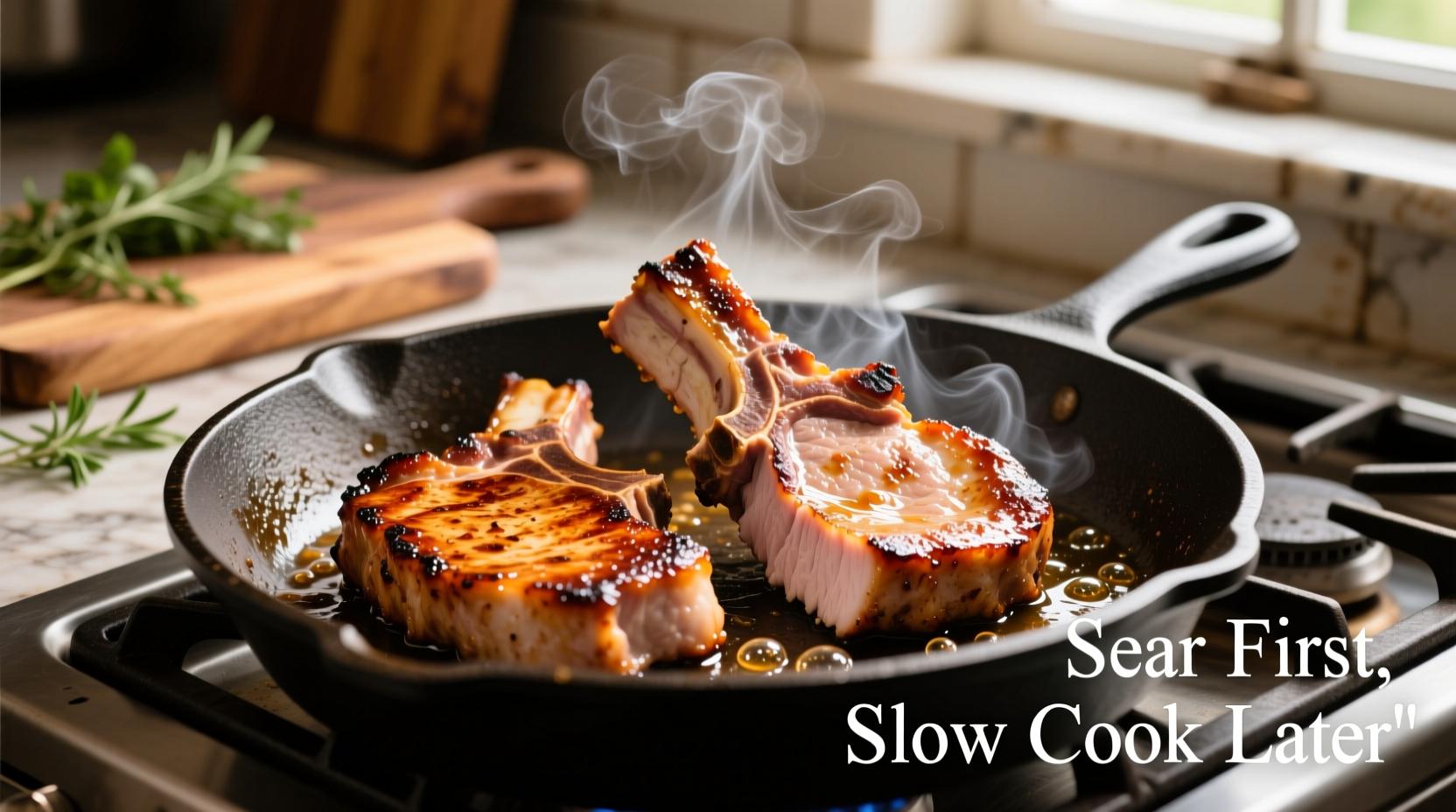 Searing pork chops before slow cooking