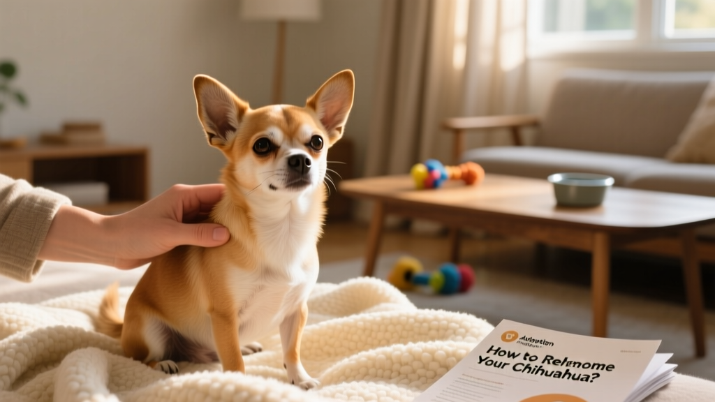 A gentle hand petting a calm, alert Chihuahua sitting on a cozy blanket