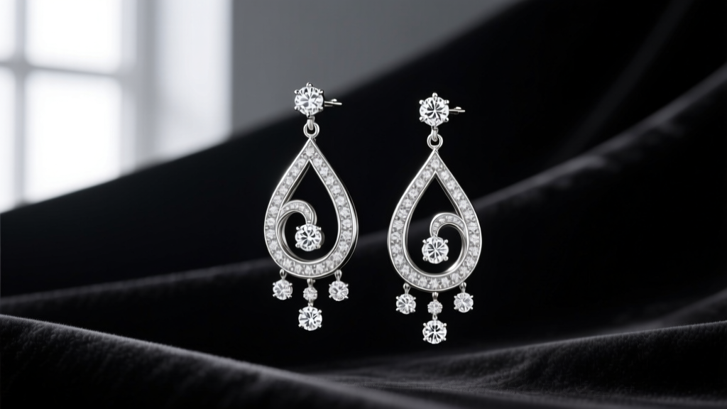 Macro shot of 18k white gold Chaumet Josephine diamond drop earrings on dark velvet, highlighting the intricate pear-shaped motif.