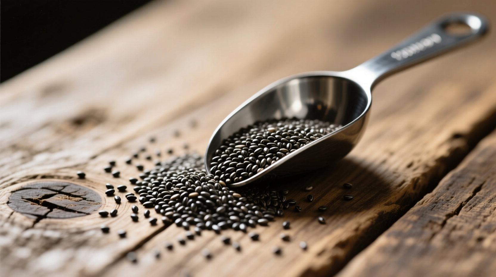 Chia seeds in measuring spoon on wooden table