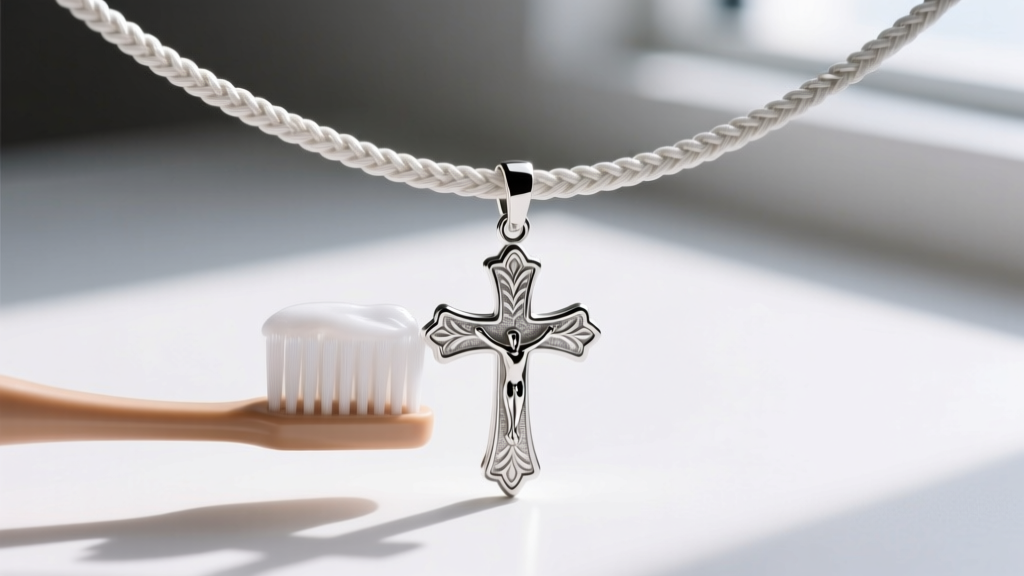 A soft-bristled toothbrush gently scrubbing a delicate sterling silver cross pendant attached to a stretchy woven plastic choker.