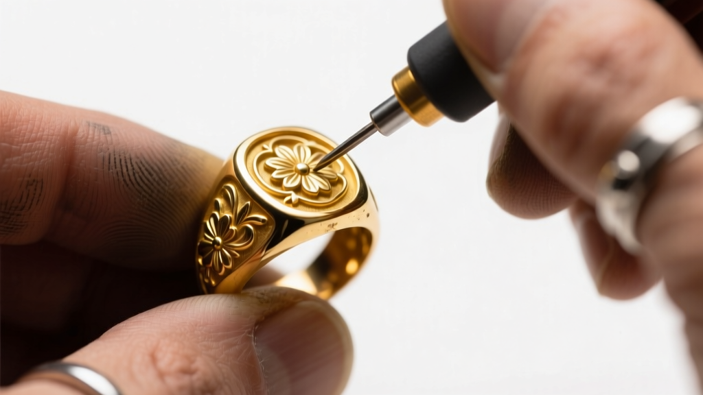 Close-up of a jeweler using an electronic gold tester probe on a vintage 18k yellow gold signet ring under bright studio lighting