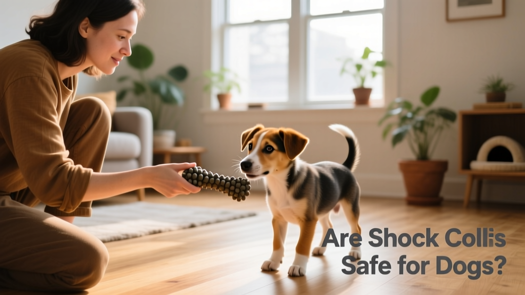 Owner offering a durable rubber chew toy to a curious puppy during playtime