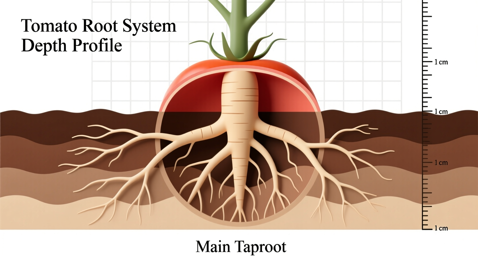 Tomato root system depth diagram showing main taproot and lateral roots