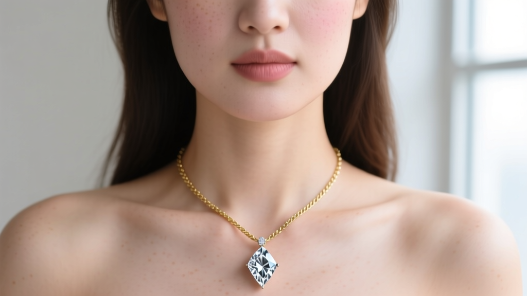 Close-up portrait of a woman with a round face wearing a sharp, angular marquise diamond pendant on a delicate gold cable chain.