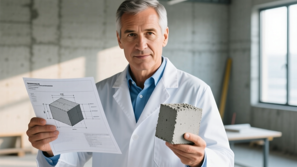Close-up of a structural engineer pointing at a printed concrete mix design specification sheet while holding a core sample of cured concrete