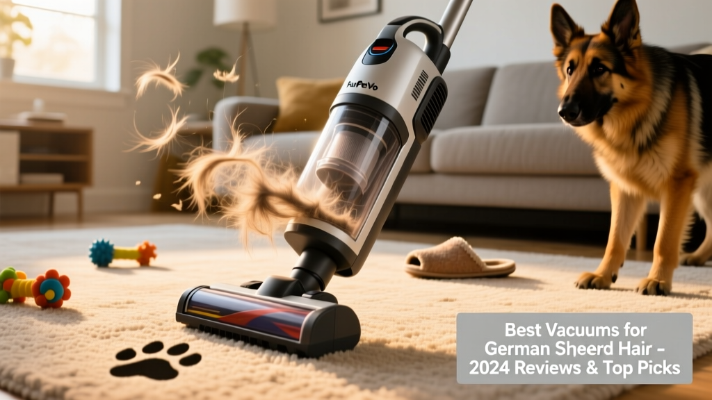 The FurPetVo PowerSpeed upright vacuum in action on a carpeted living room floor, with visible pet hair being lifted into the dustbin