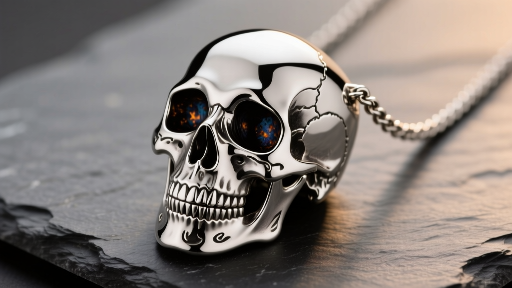 Macro shot of a 925 silver skull mens necklace on slate, showing oxidized eye sockets and carved teeth under warm studio lighting