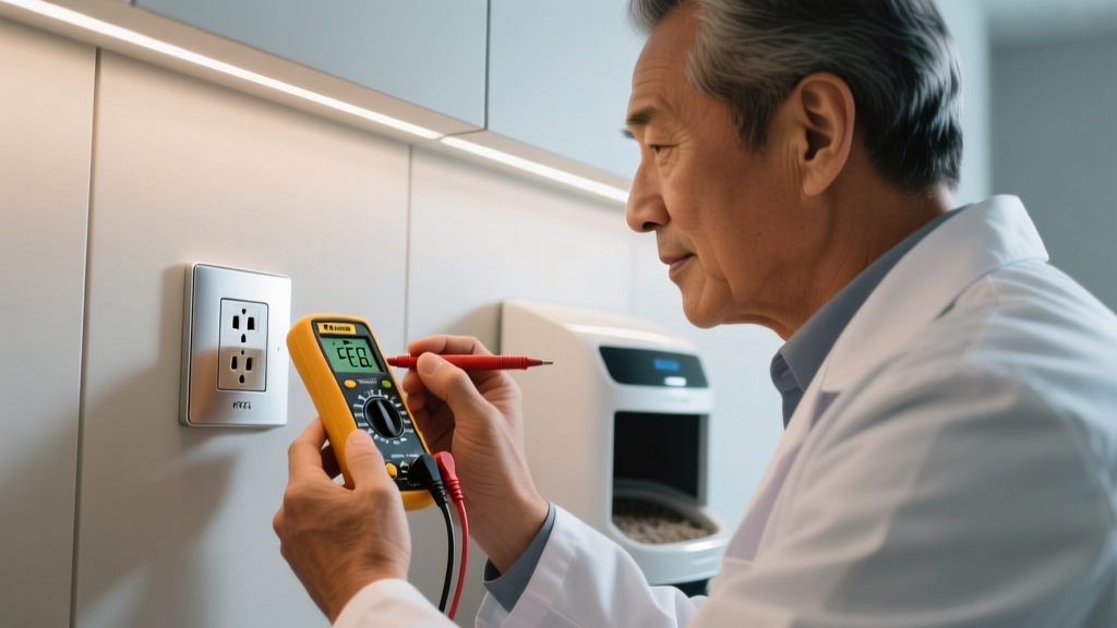 Close up of an expert using a Fluke multimeter to test the voltage on a dedicated GFCI outlet installed specifically for an automated smart litter box system.