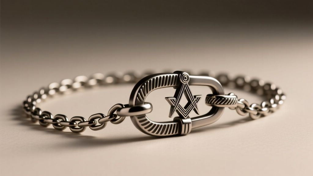 Side profile of a 3mm steel Masonic necklace chain with a heavy lobster clasp under studio lighting on a neutral gray background