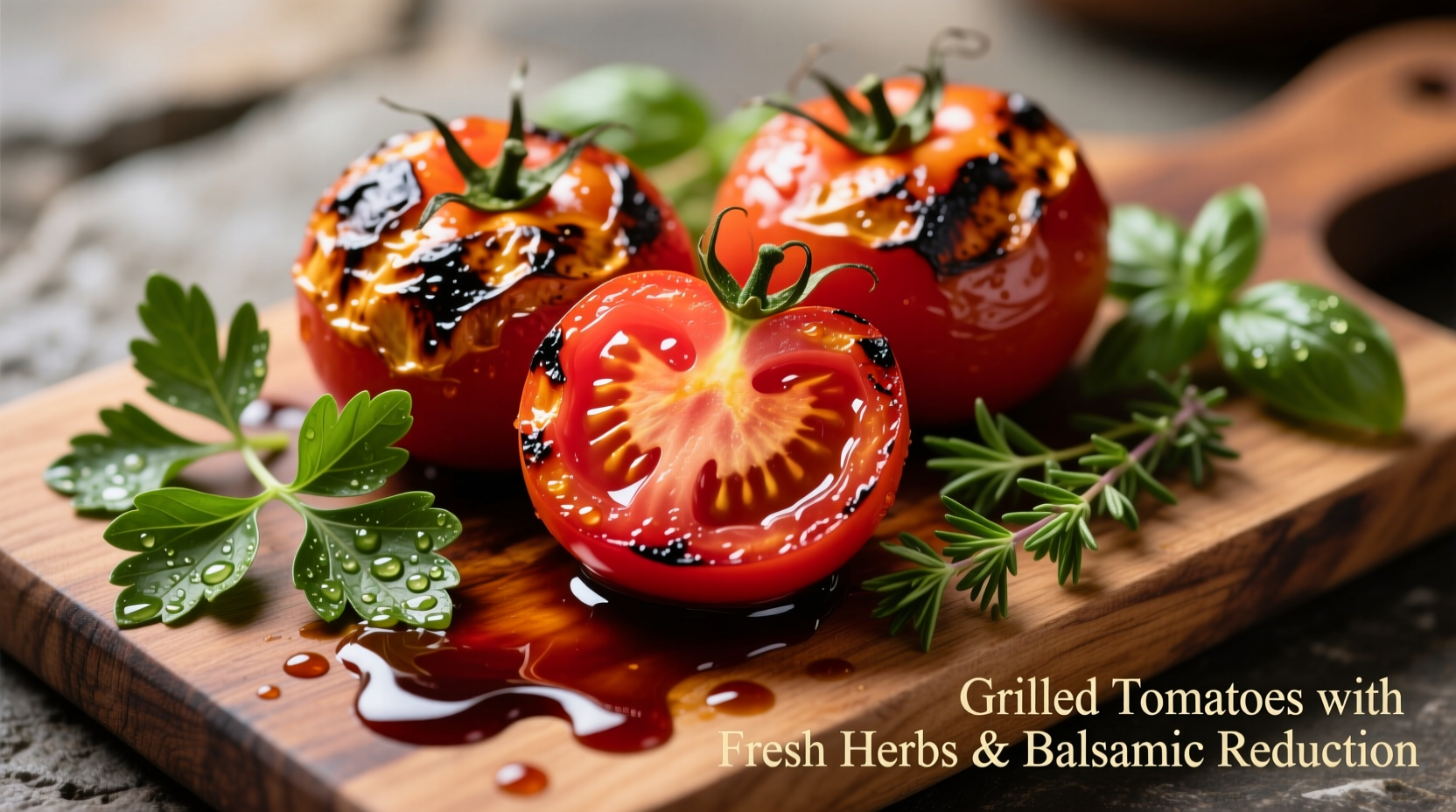 Grilled tomatoes with fresh herbs and balsamic reduction