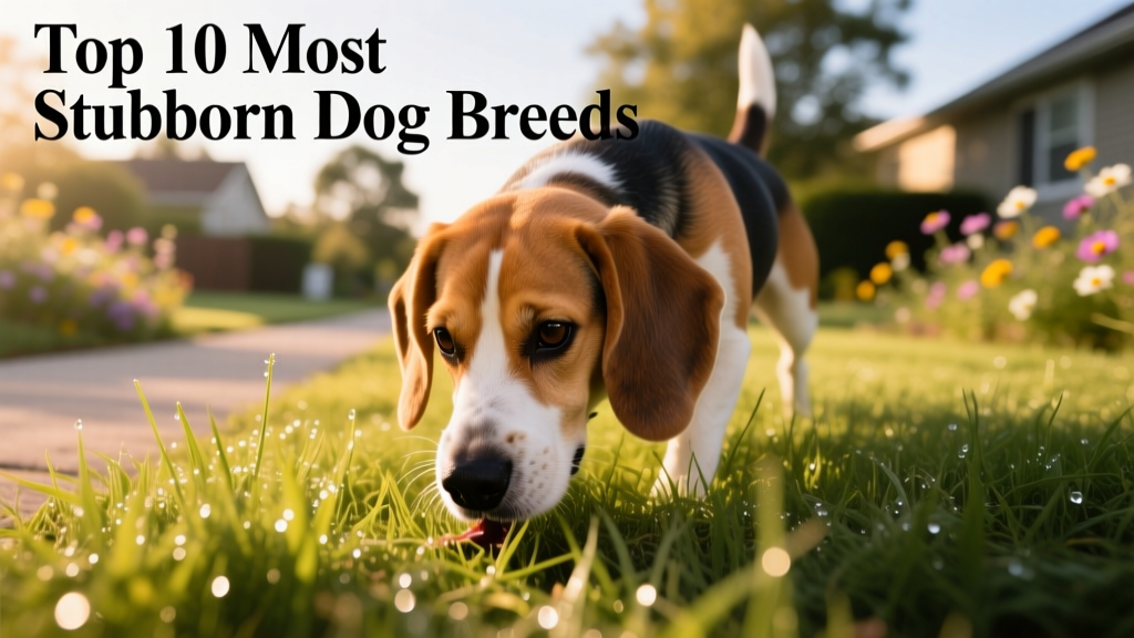 A Beagle mid-sniff, nose deep in grass, completely focused on a scent trail
