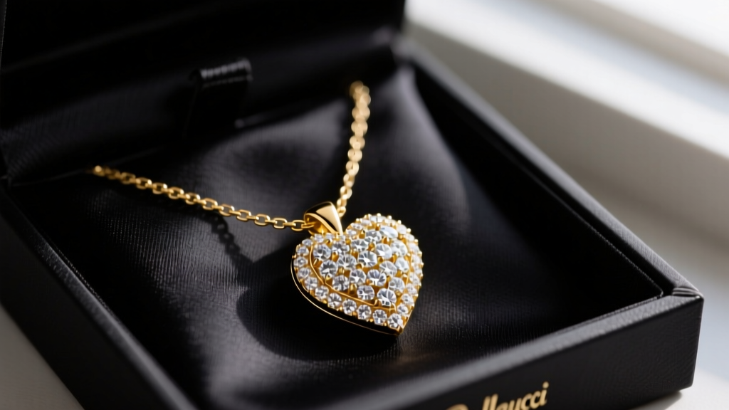 Close-up of a 14k gold vermeil Bellaucci heart necklace on dark silk, showing pavé diamond accents and box chain