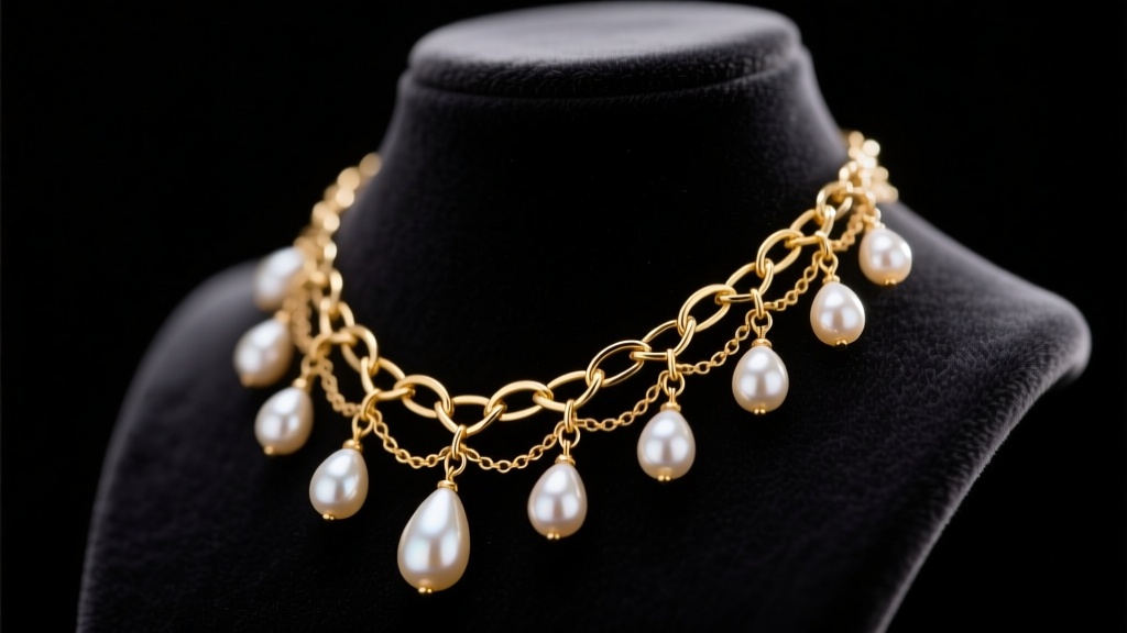 Gold cascade earrings with articulated chains and teardrop pearls displayed on a dark velvet jewelry bust in soft studio lighting.