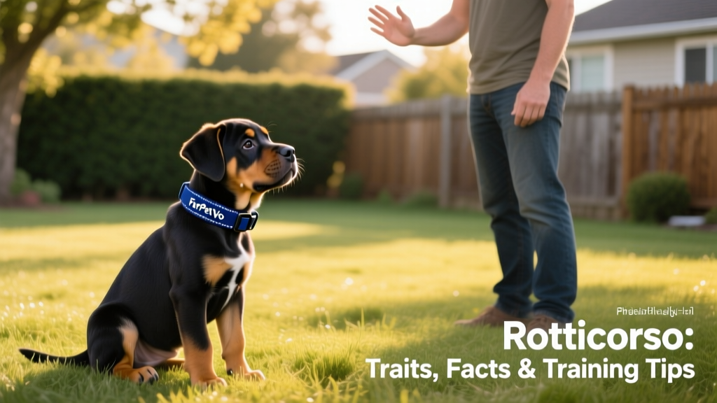 A young Rotticorso puppy sitting attentively beside its owner during a basic obedience session, wearing a FurPetVo training collar