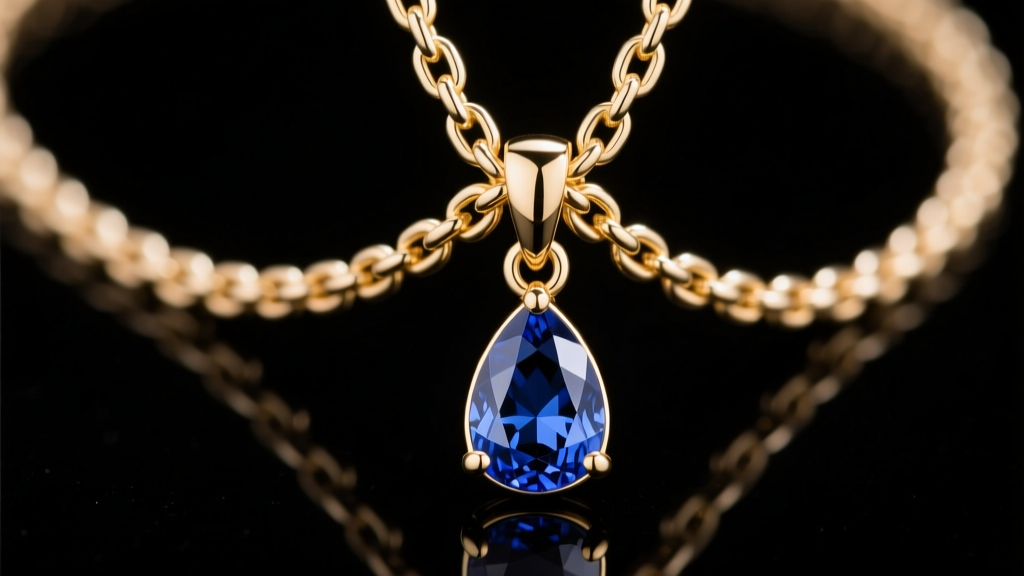 Macro shot of a 1.5mm 14k gold box chain with a 12-gram teardrop sapphire pendant, highlighting the chain links and lobster clasp