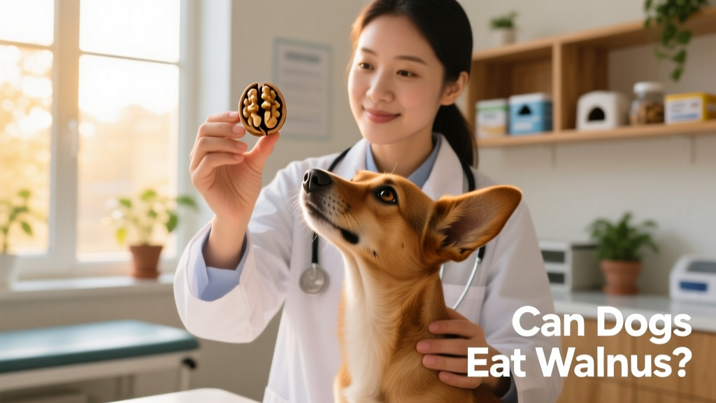 Veterinarian examining a small dog while holding a walnut shell