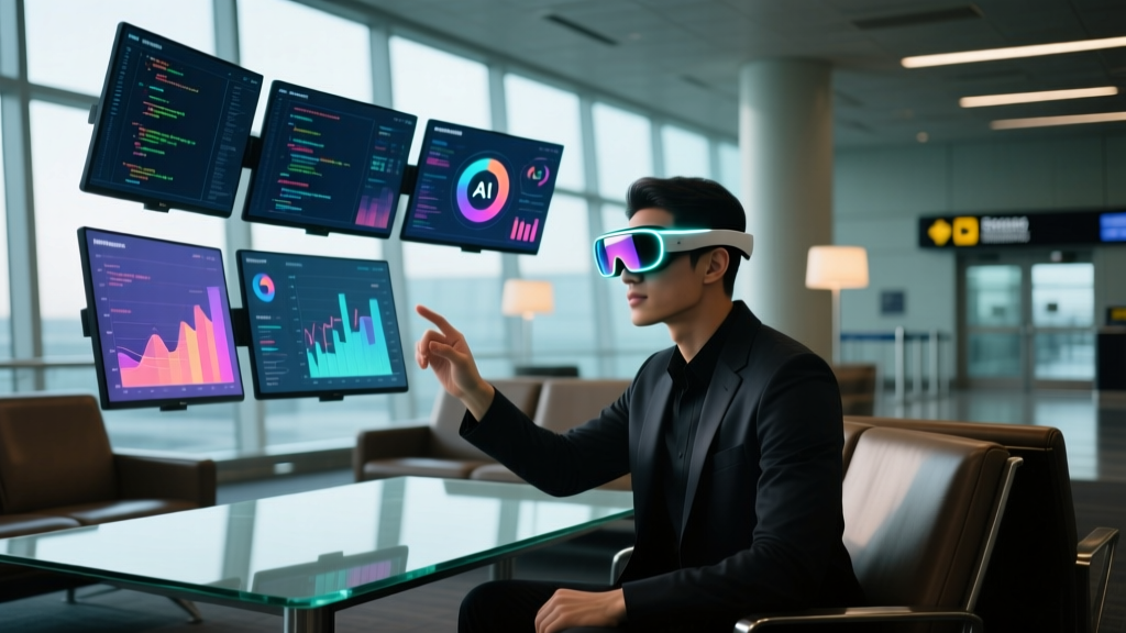 Tech enthusiast wearing XREAL Air 2 Ultra AR glasses working on a virtual multi-monitor setup in a dimly lit airport lounge