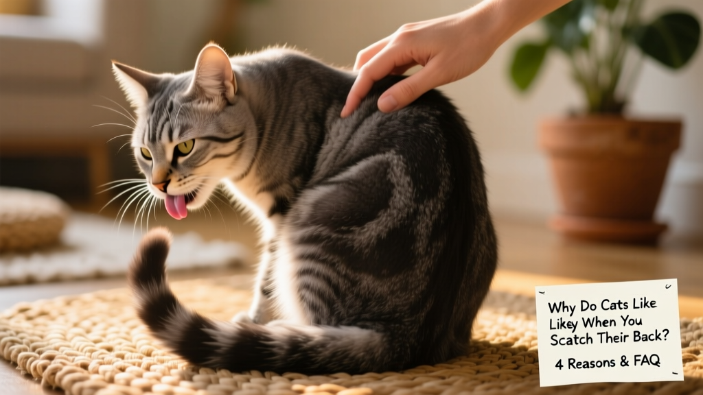 Close-up of a cat mid-lick while being gently scratched along the base of its tail