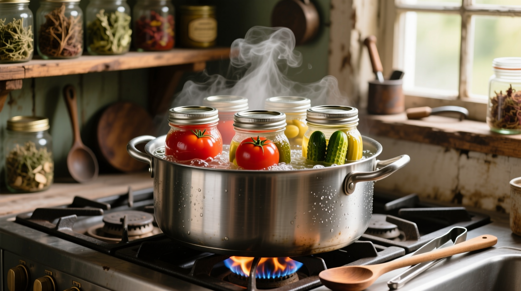 Water bath canning setup with jars in boiling water