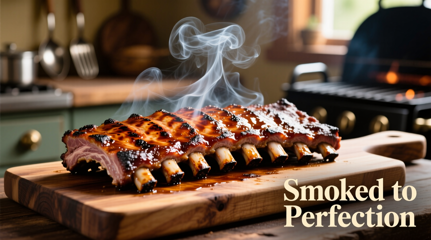 Perfectly cooked ribs on a cutting board with smoke