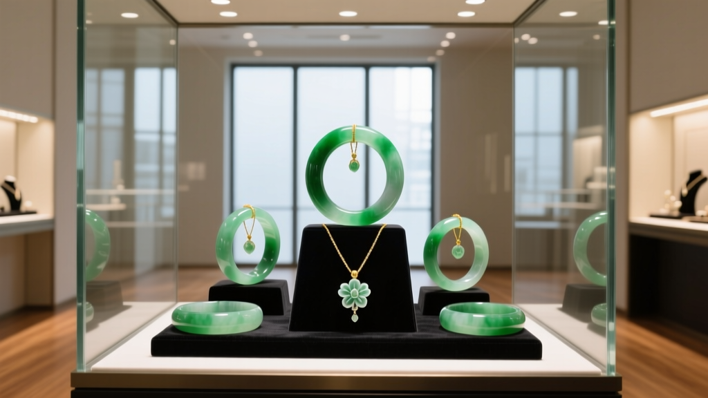 Elegant display of translucent Type A imperial green jadeite bangles and pendants inside a high-end jewelry boutique showcase