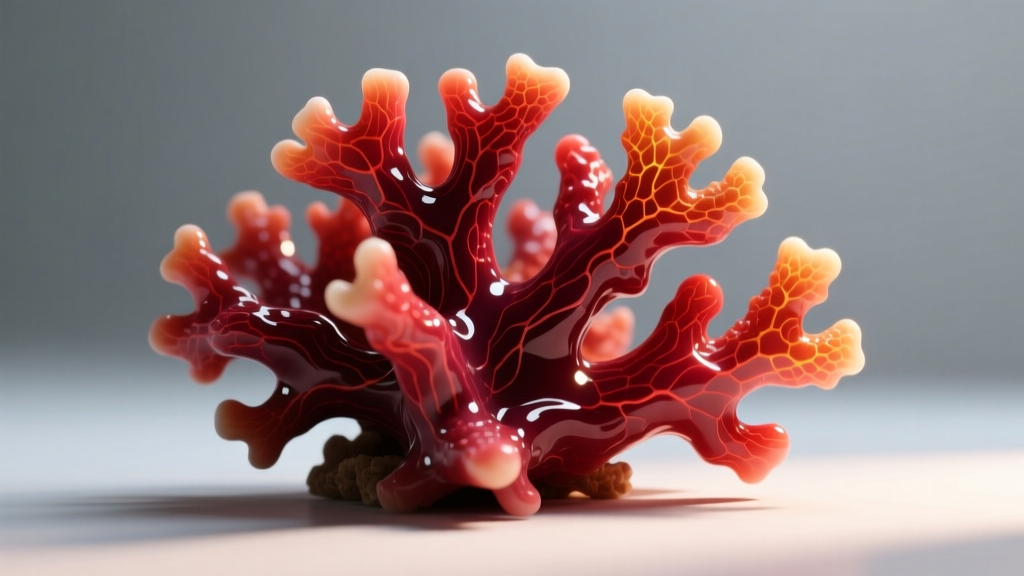 Close-up of polished red coral showing natural grain lines and color variations under a single directional studio light source.