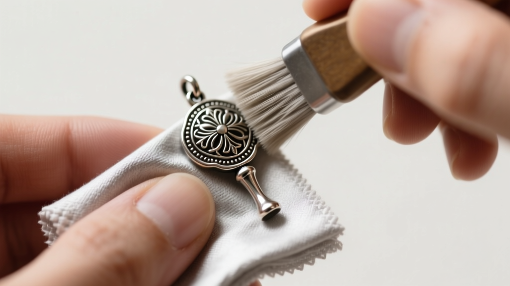 Hands using a specialized silver polishing cloth to gently buff the raised edges of a small metallic leg milagro charm