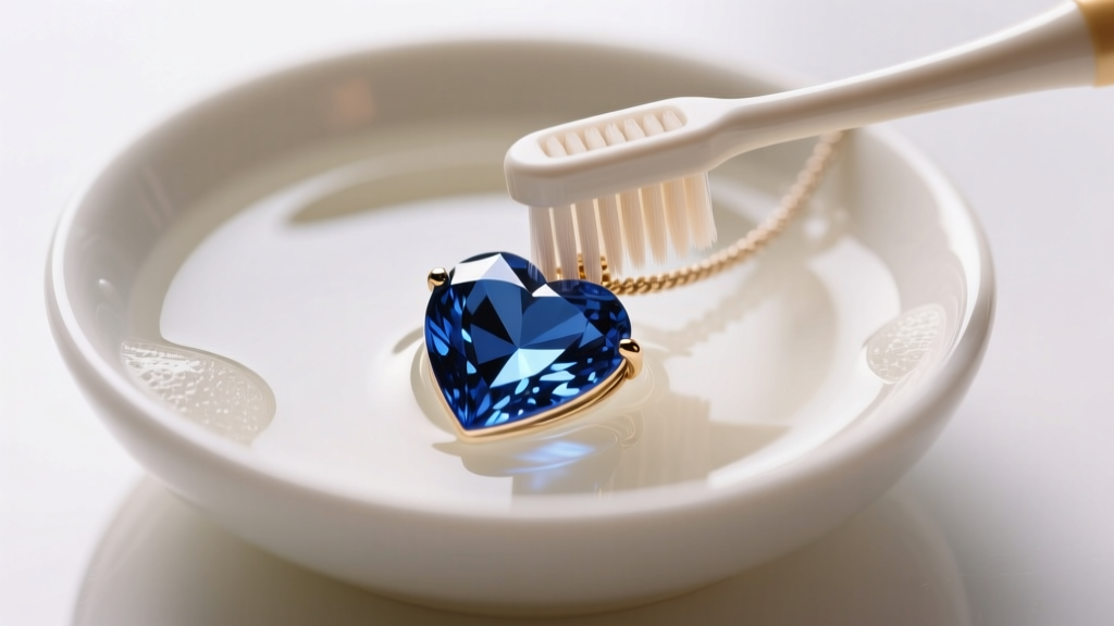Soft toothbrush cleaning a sapphire heart pendant in a bowl of warm soapy water, illuminated by soft diffused overhead lighting.